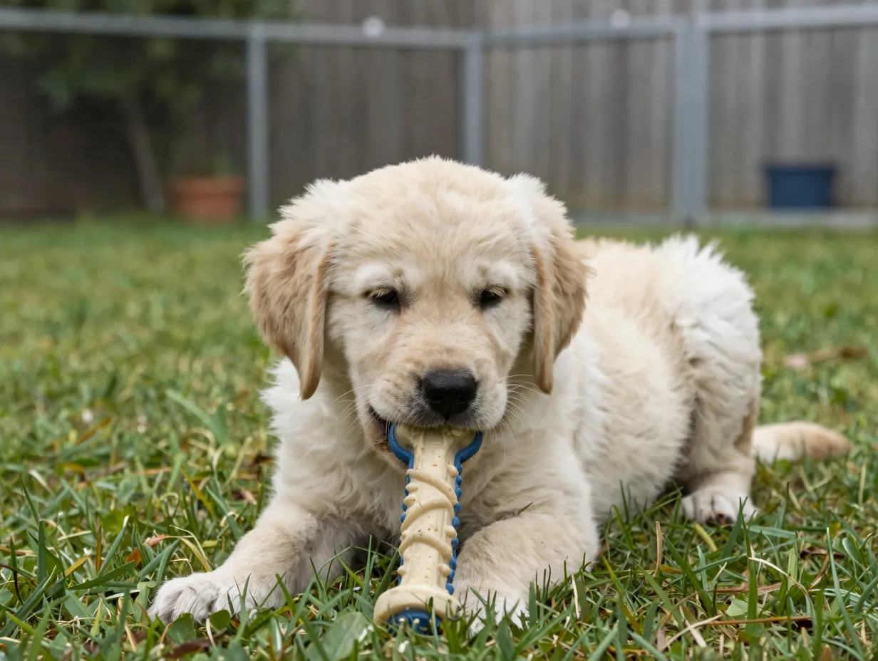 A bored goldador puppy chewing on a durable chew toy in backyard