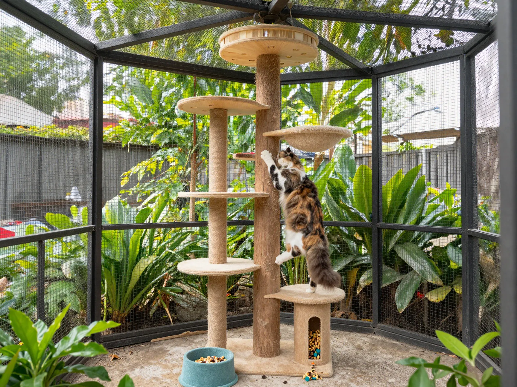 Active stimulation catio with tall tree and puzzle feeder