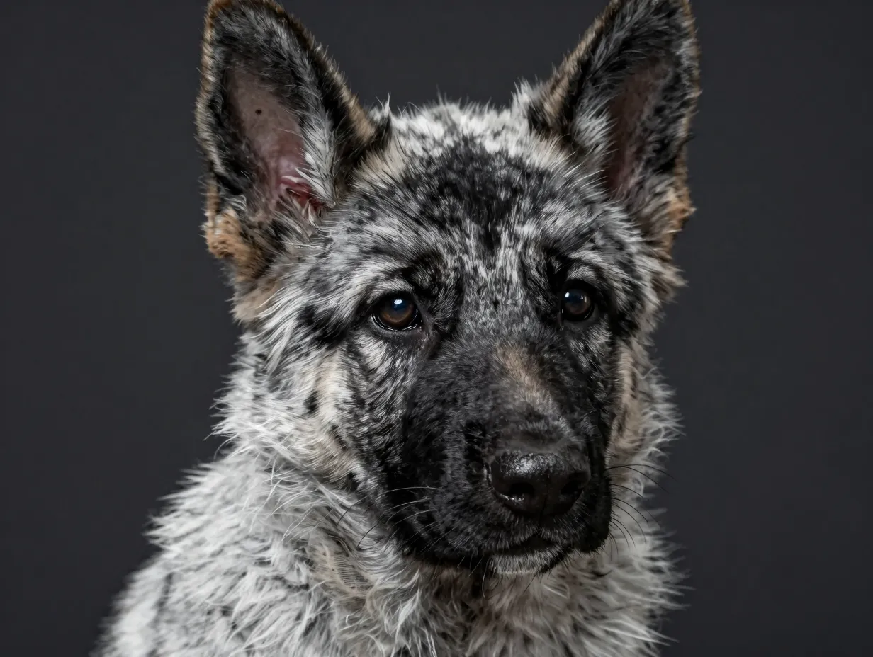 Rare black white patterned german shepherd puppy close up