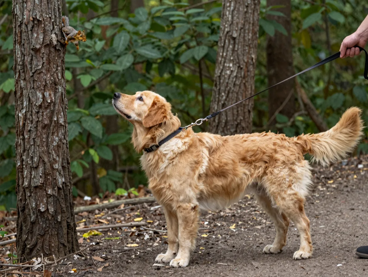 A goldador on a leash intently watching a squirrel in a tree