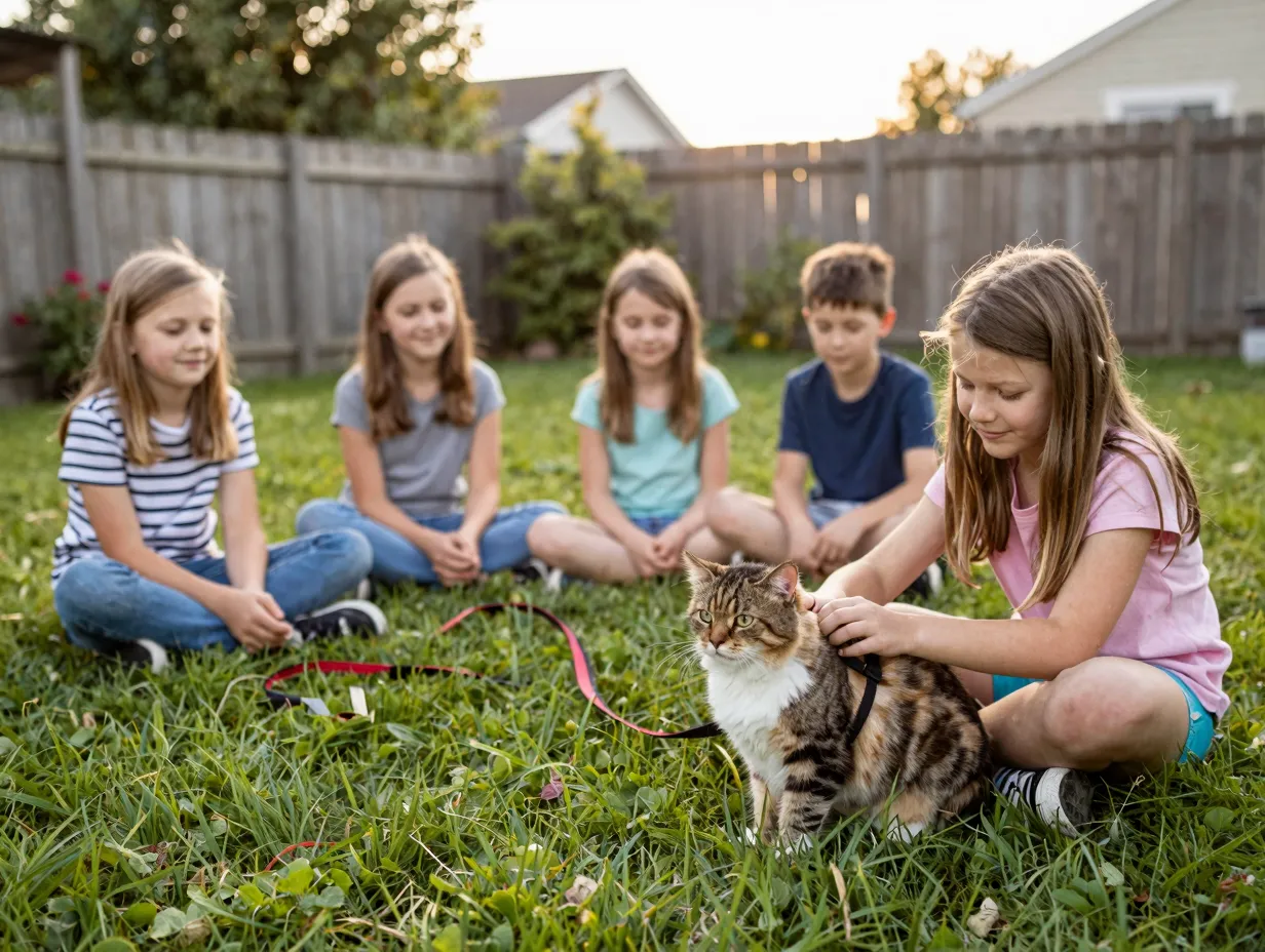 Calm household older children petting trainable cat on leash