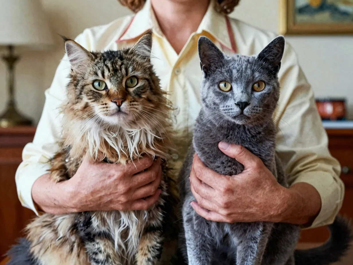 Australian breeder comparing siberian and russian blue cats in 1970s home