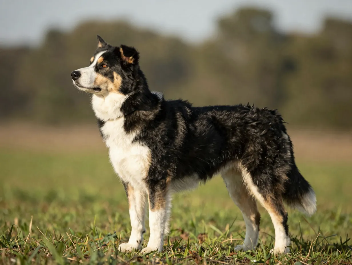 Medium sized aussie husky standing confidently in natural setting