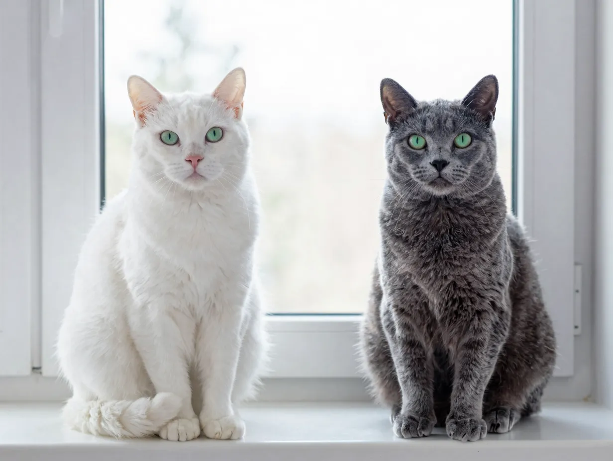 Russian white and russian blue cats identical except coat color