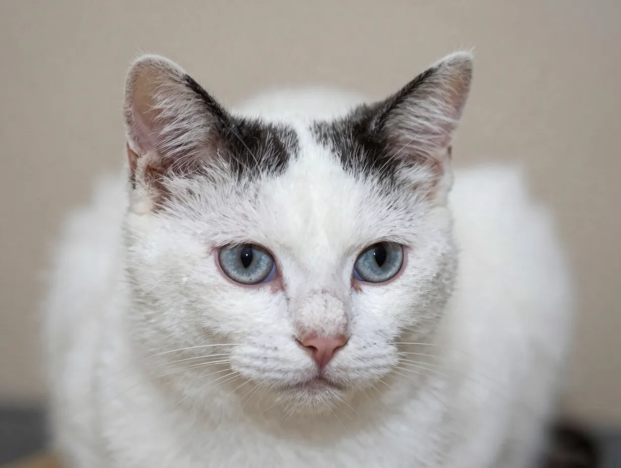 White russian kitten with dark grey cap marking on head