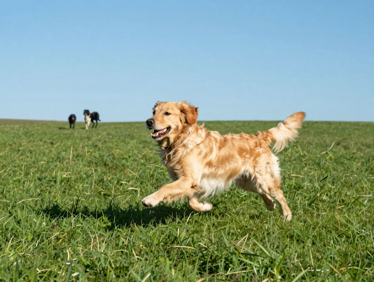Healthy mini golden retriever playing in sunny green field