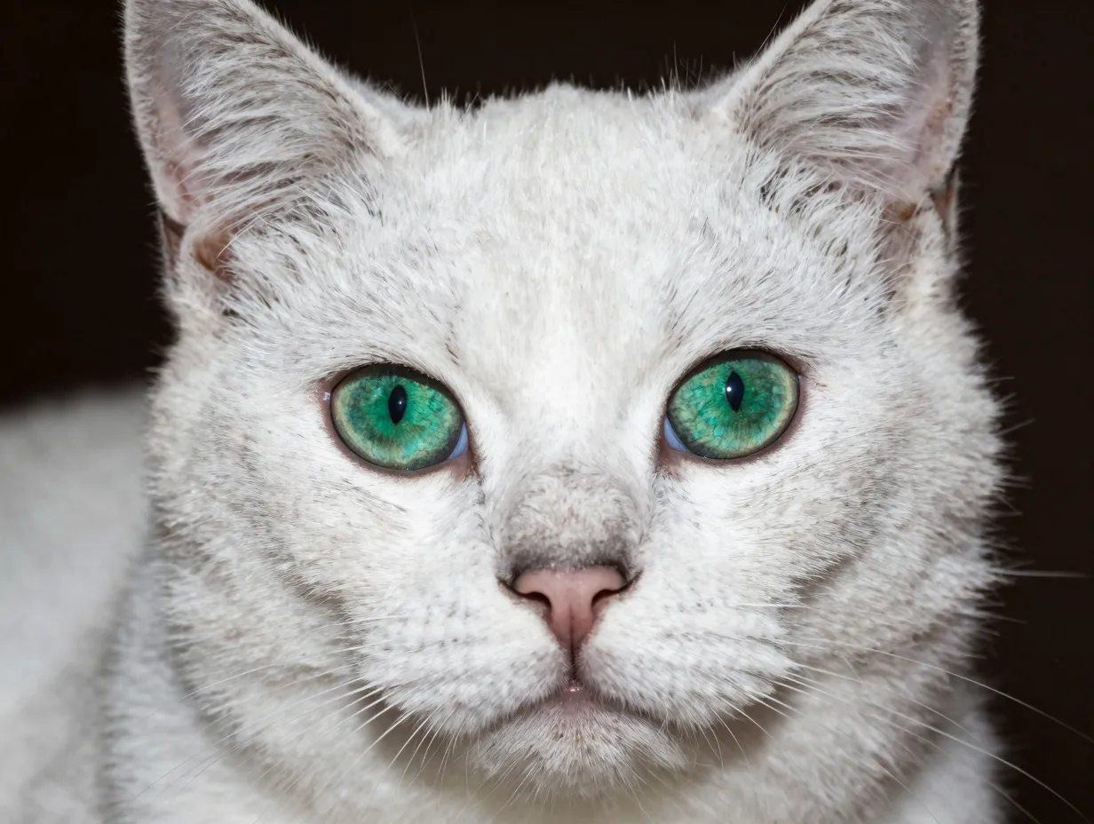 Pure white cat with sparkling emerald green eyes closeup
