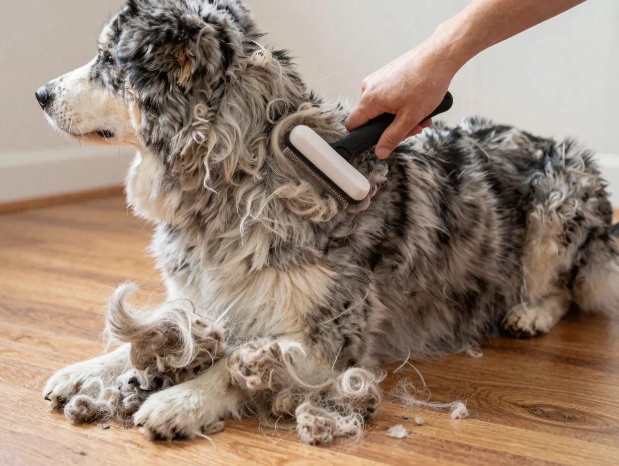 Heavy shedding double coat grooming with deshedding tool