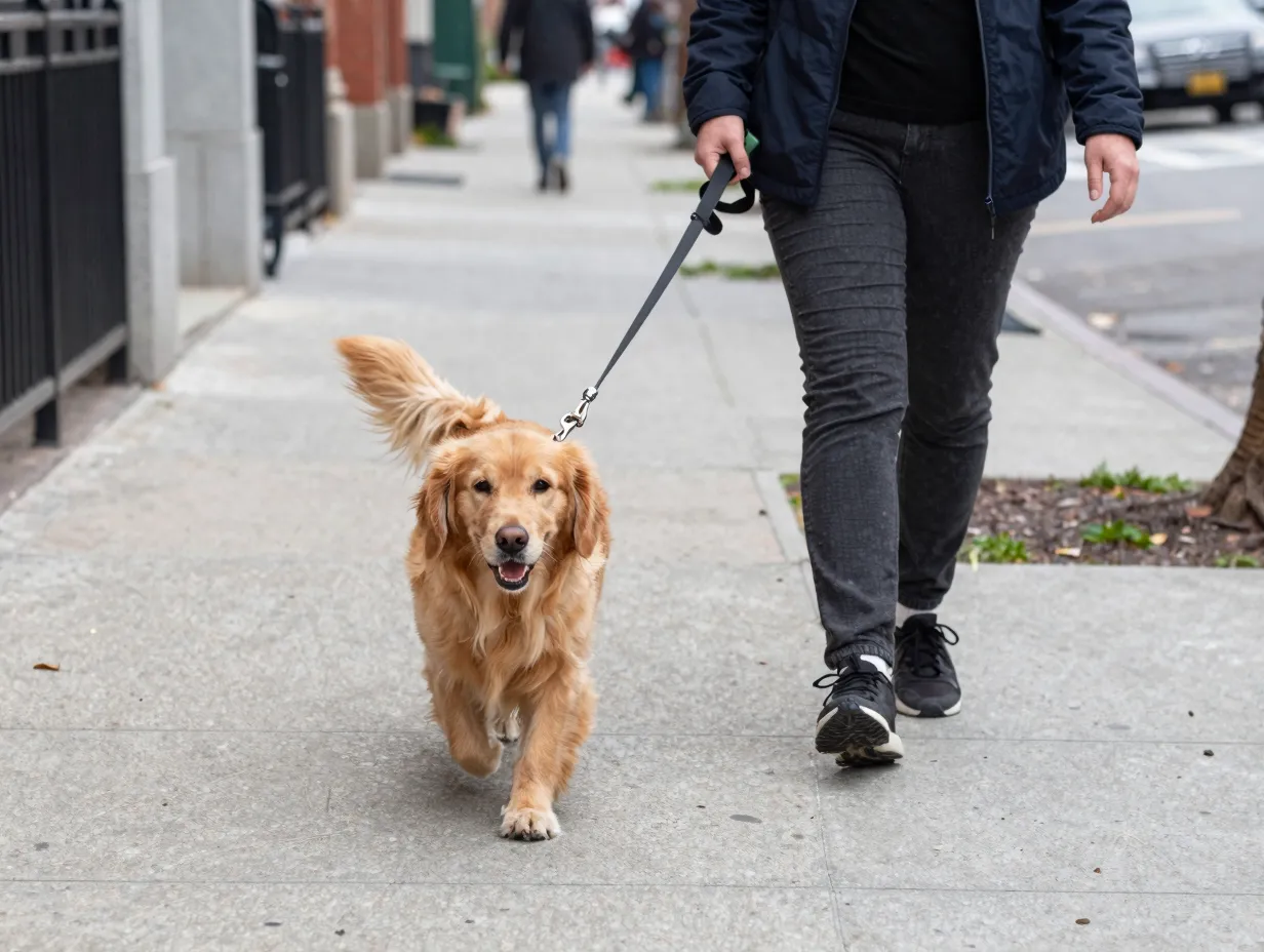 Mini golden retriever needing daily walk on urban sidewalk