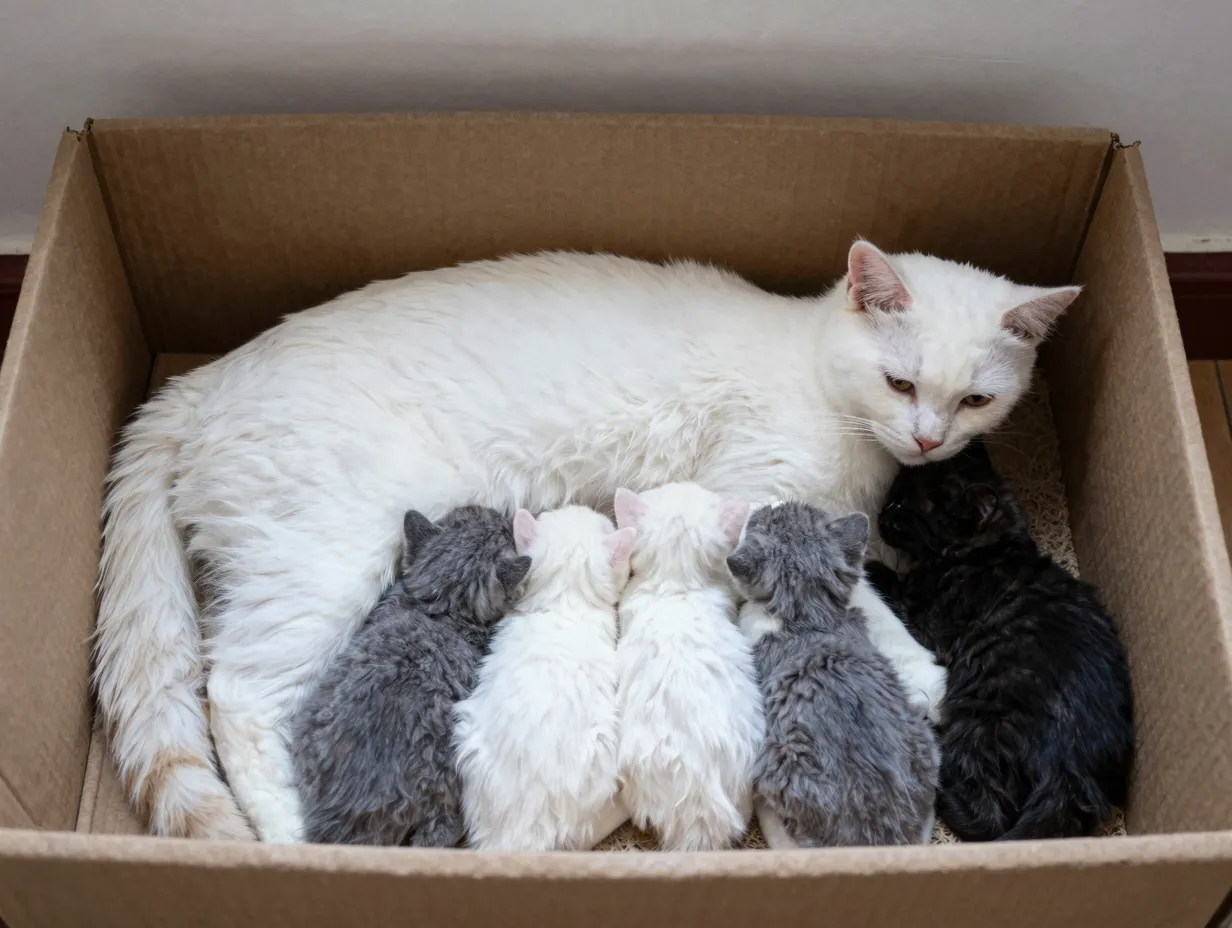 White mother cat with litter of white blue and black kittens