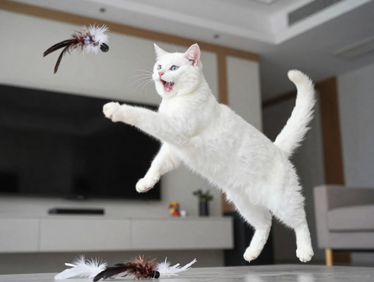 Robust white cat leaping dynamically to catch feather toy