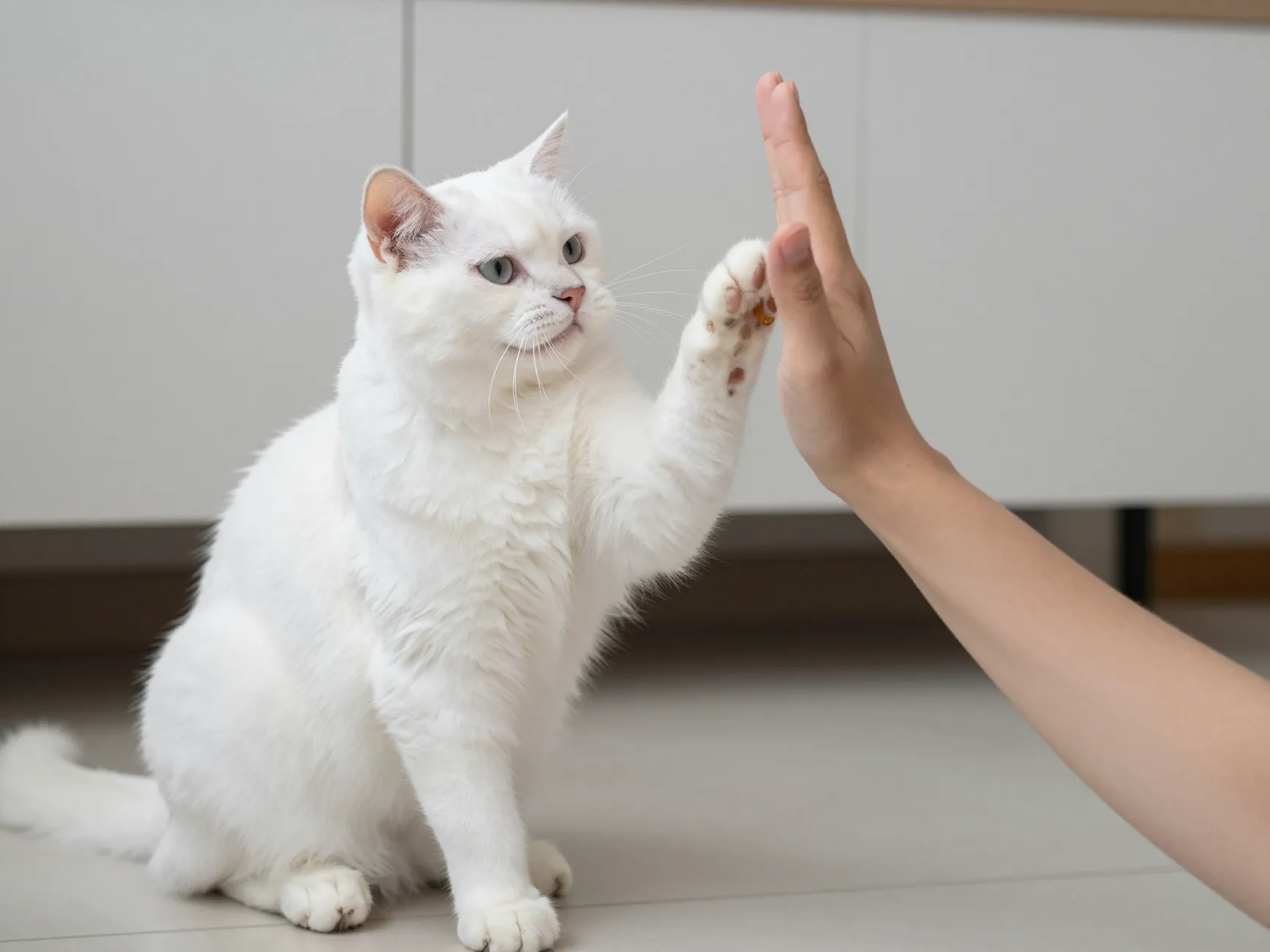 Intelligent white cat giving high five for a treat reward