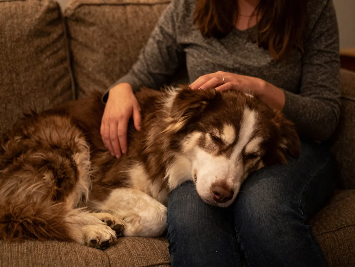 Loyal aussie husky resting affectionately with family member