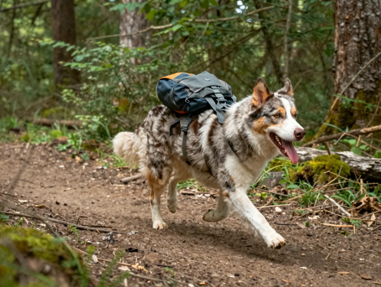 High energy aussie husky running on hiking trail through forest