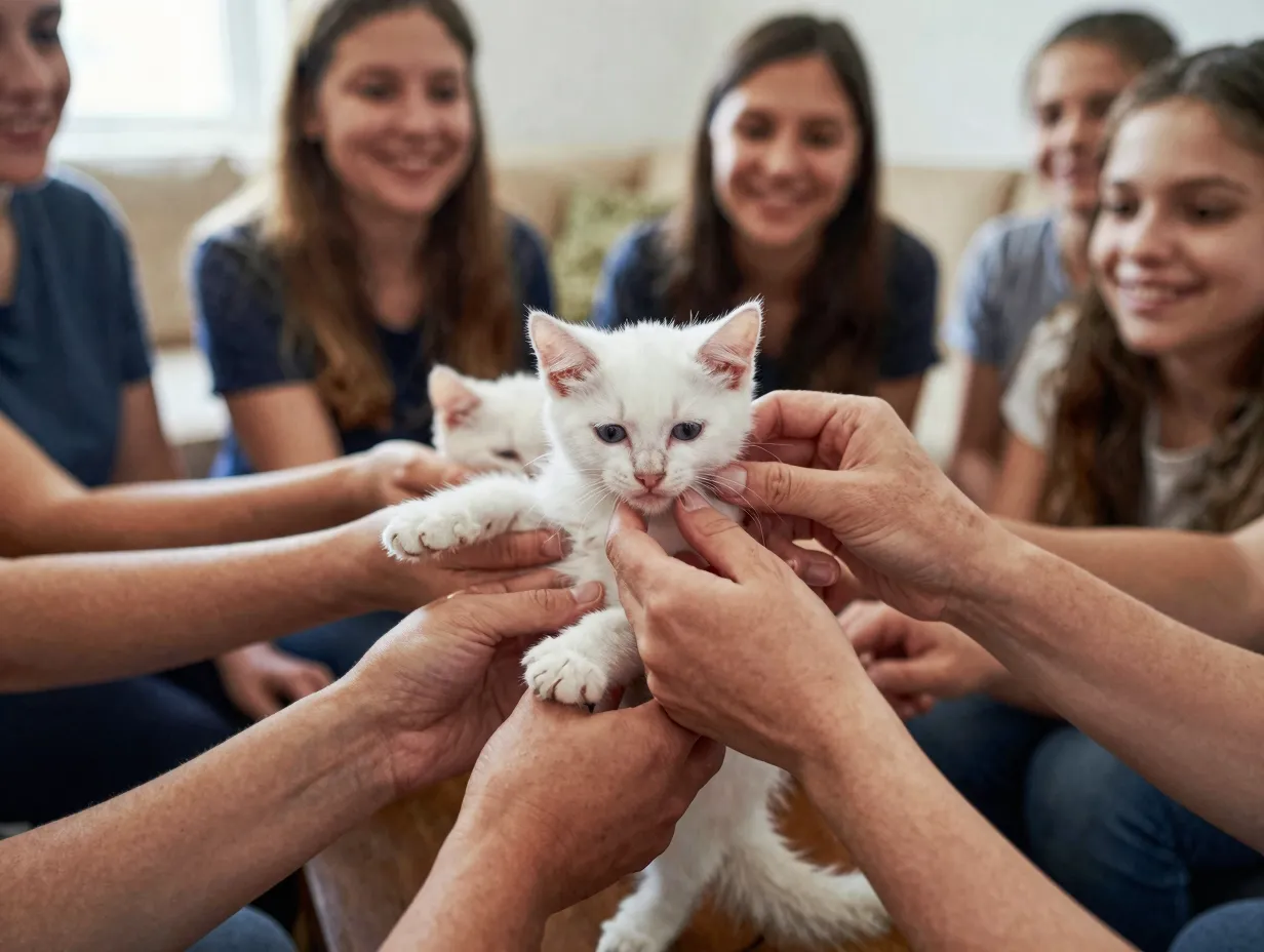 Kitten gently handled by multiple people during socialization