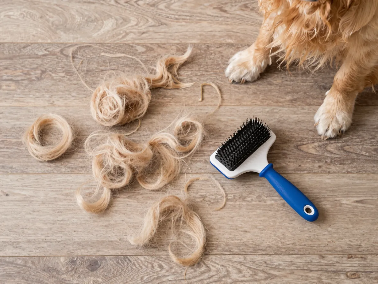 Significant shedding and grooming tools for golden coated dog