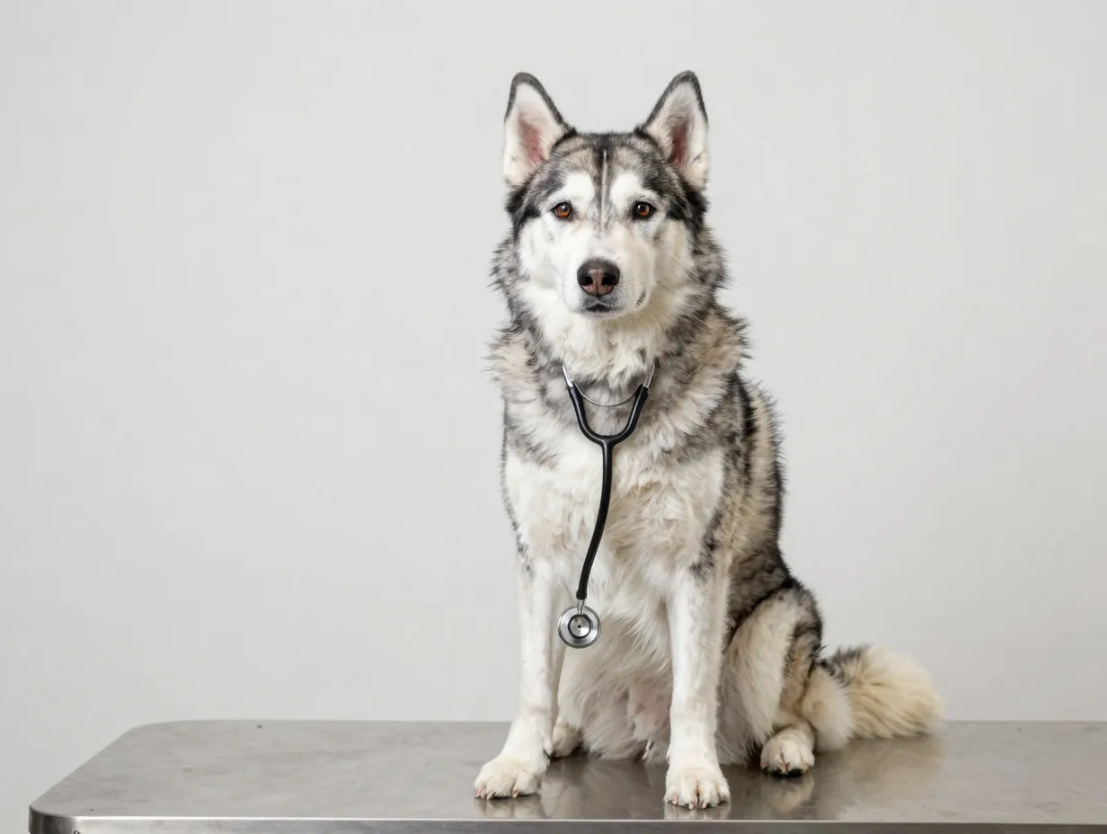 Healthy senior aussie husky on veterinarian examination table