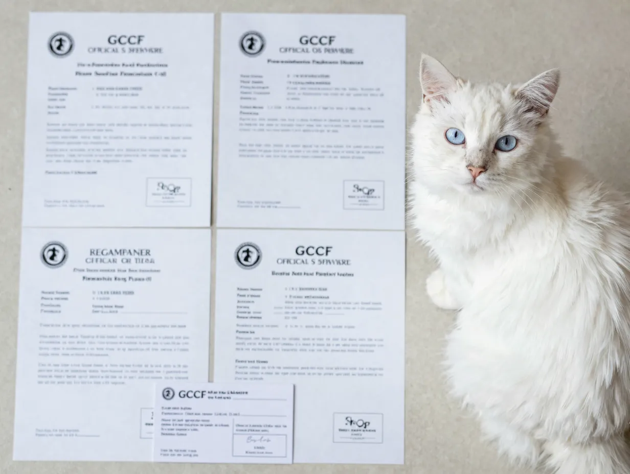 Official cat pedigree papers next to registered russian white