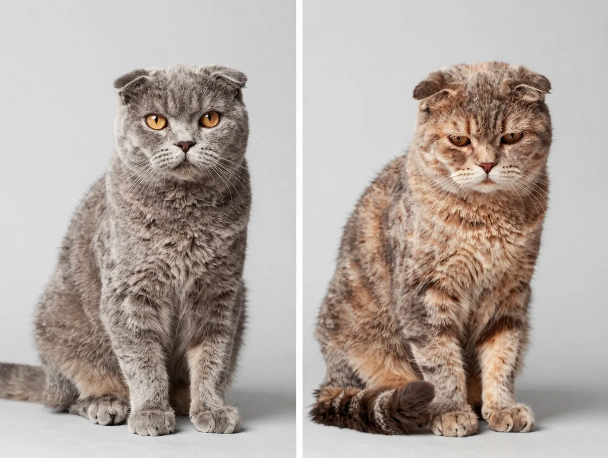 A british fold kitten with an adult cat showing stiff painful joints