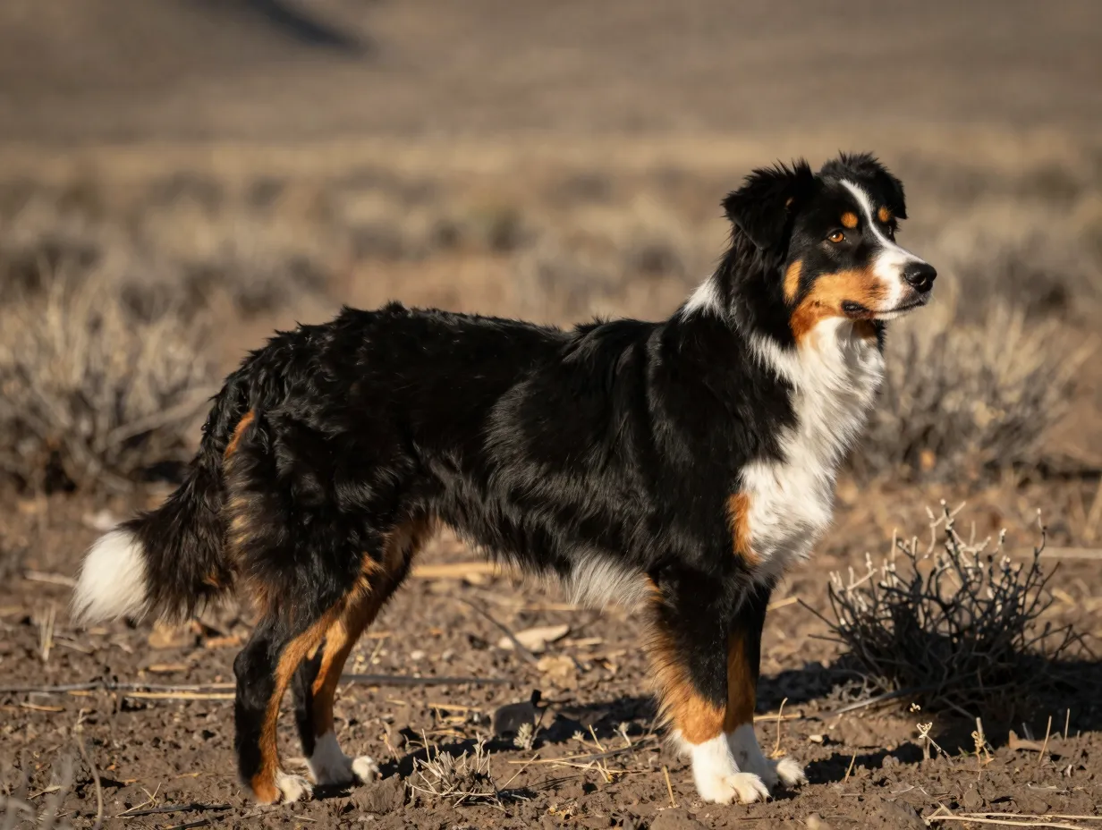 Classic black tri aussie profile in western landscape