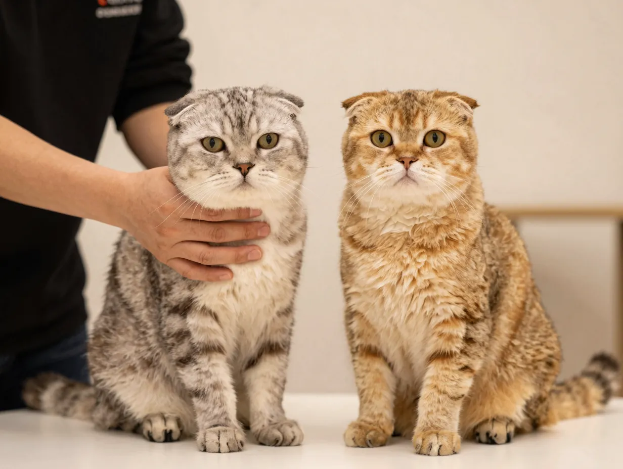 A breeder showing a fold and a straight eared parent cat together