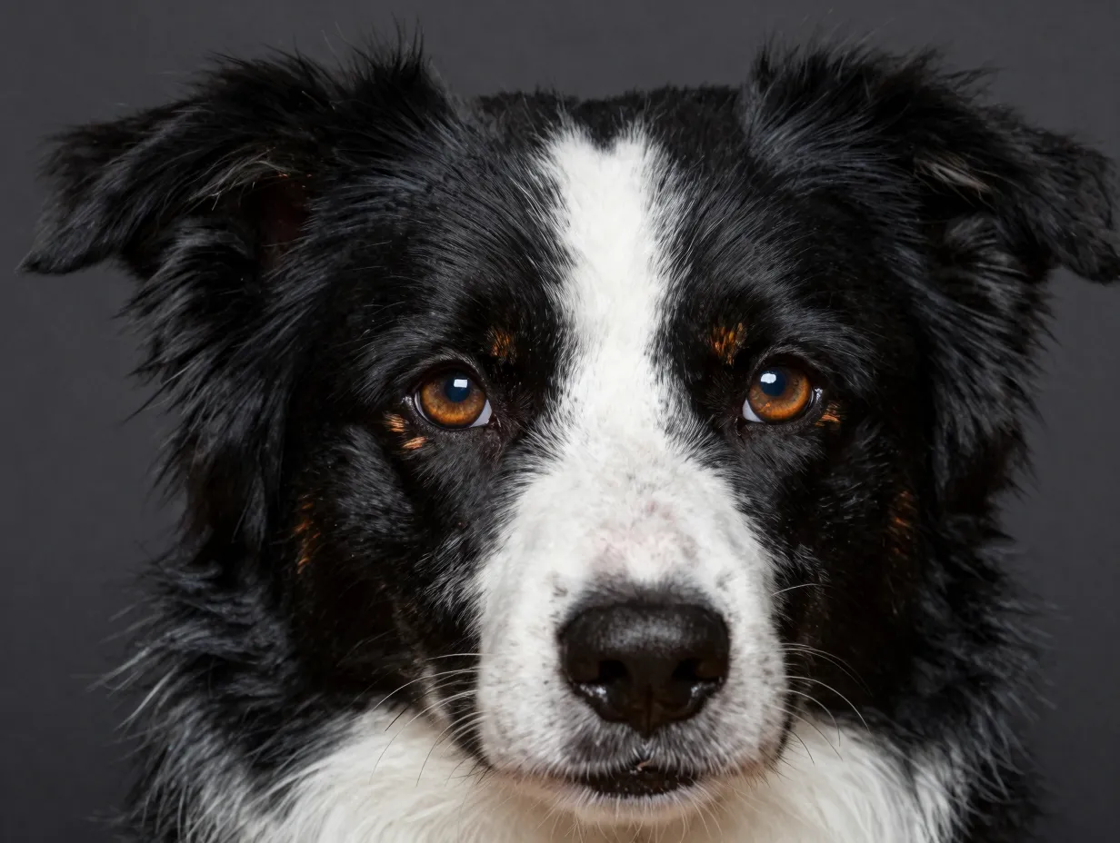 Close up portrait of black tri aussie with brown eyes
