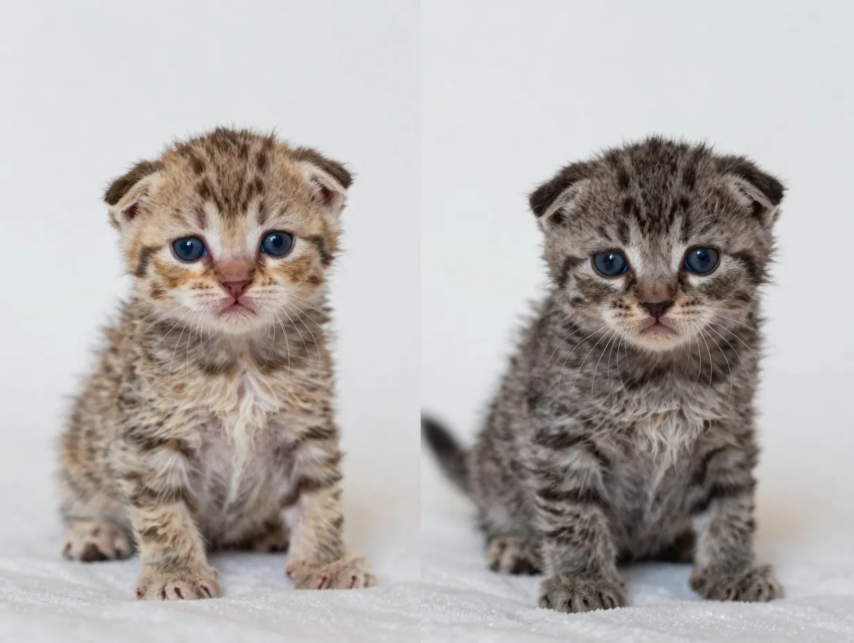 A newborn straight eared kitten and a three week old folded ear kitten