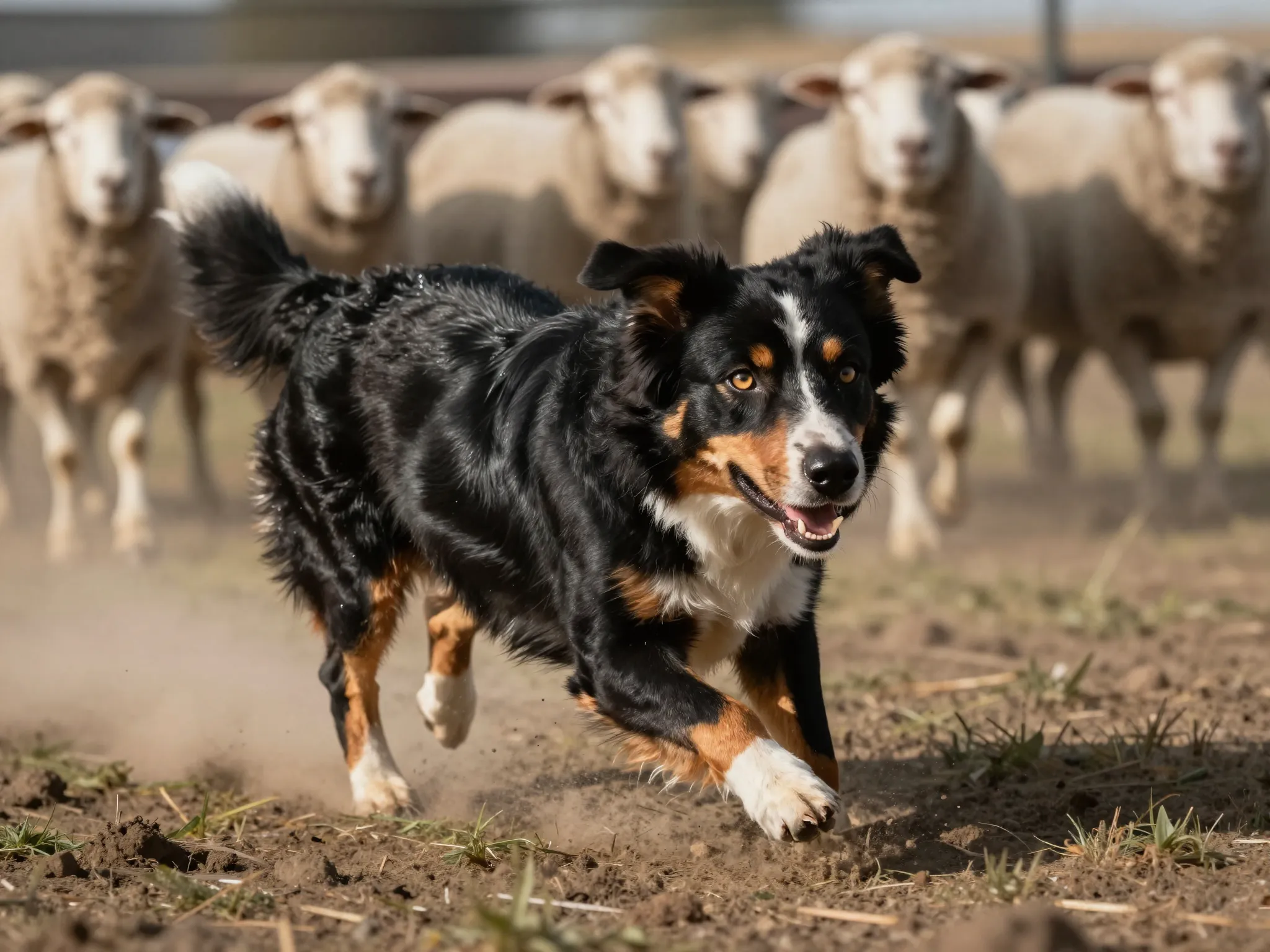 Black tri australian shepherd herding sheep on ranch