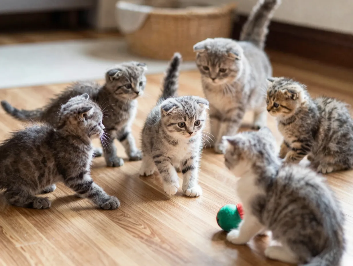 A twelve week old kitten playing with its mother and siblings