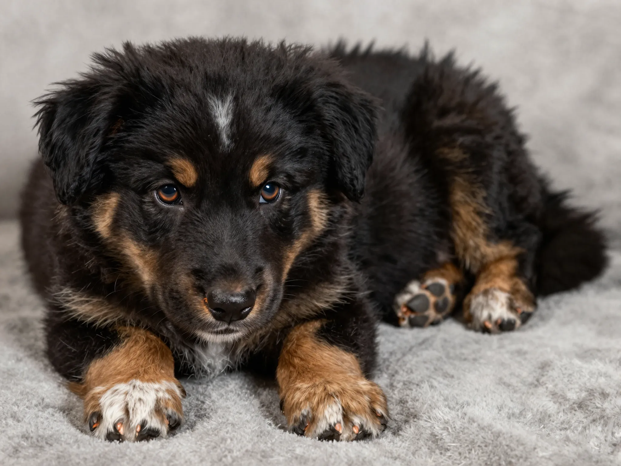Adorable black tri aussie puppy on blanket close up