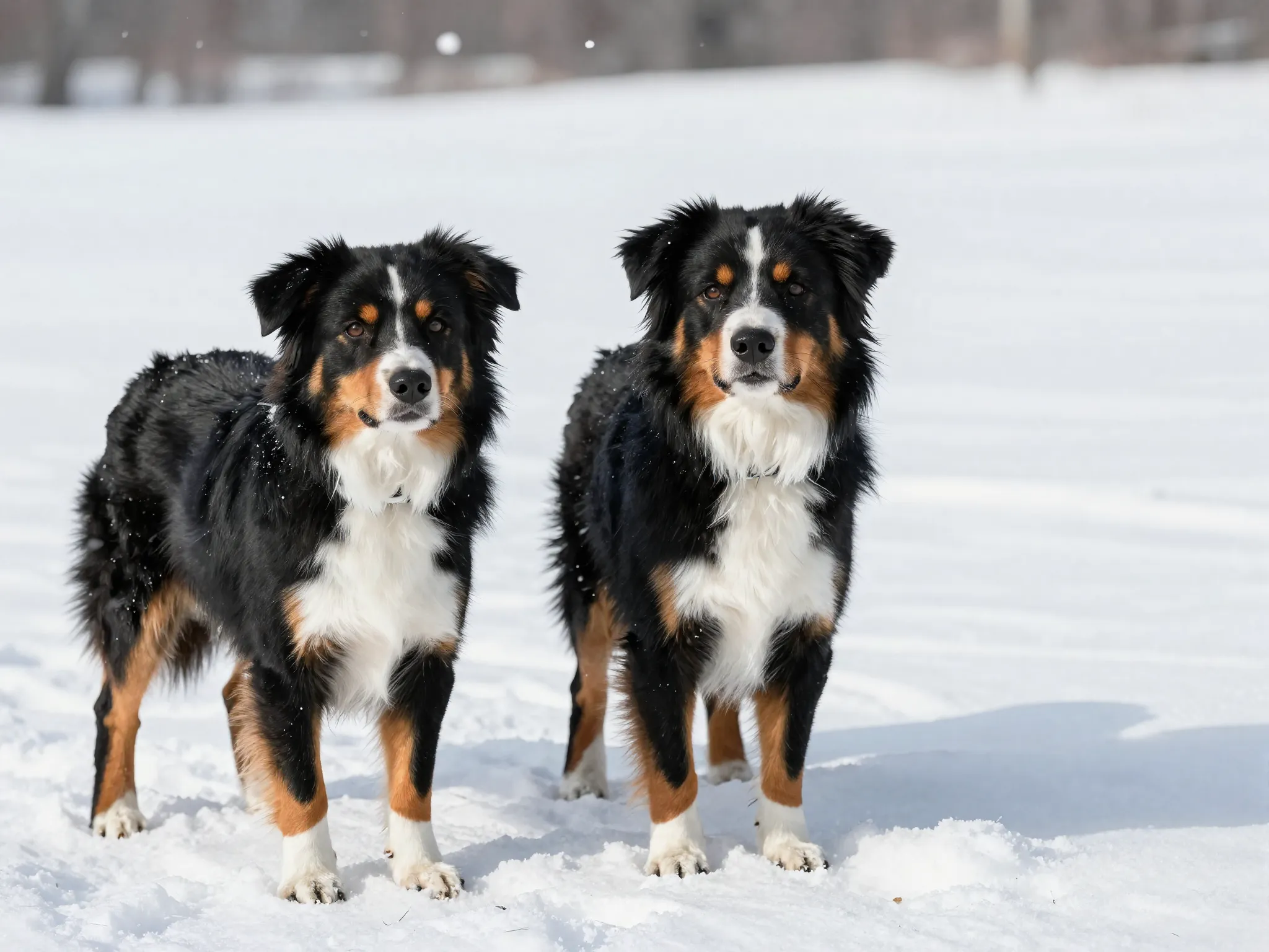 Black tri aussie playing in fresh white snow field
