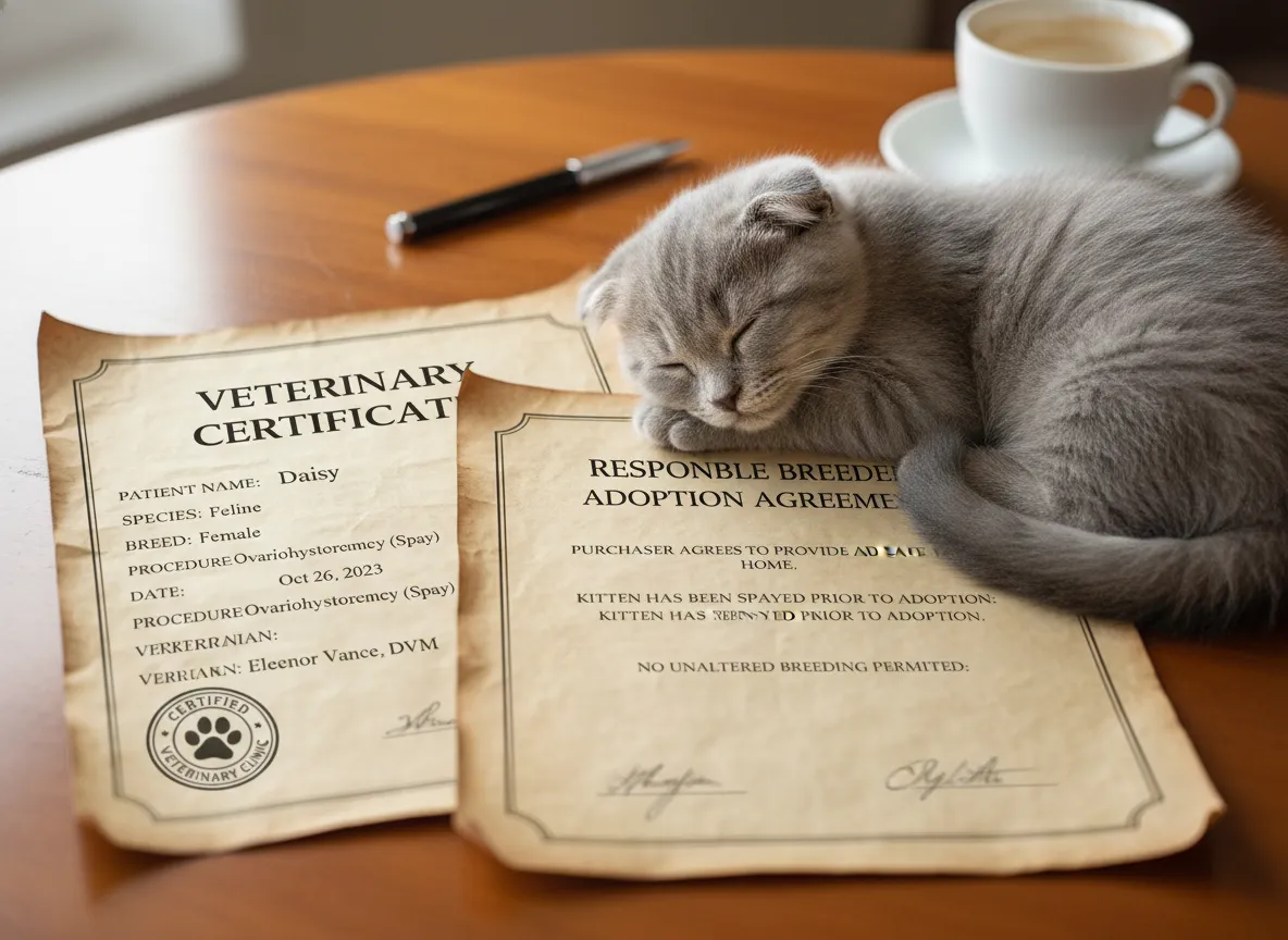 A veterinary certificate for a spayed kitten with a responsible breeder contract