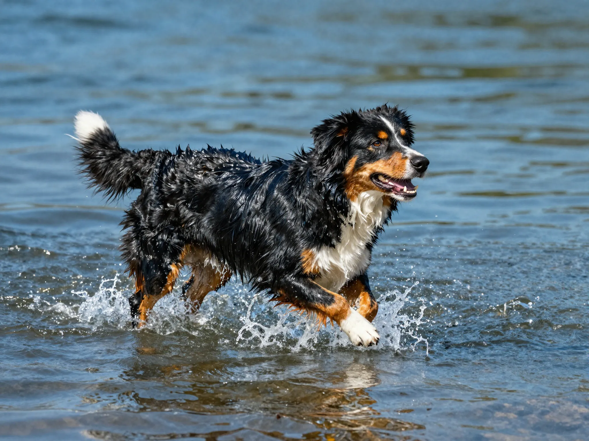 Black tri australian shepherd splashing in lake water