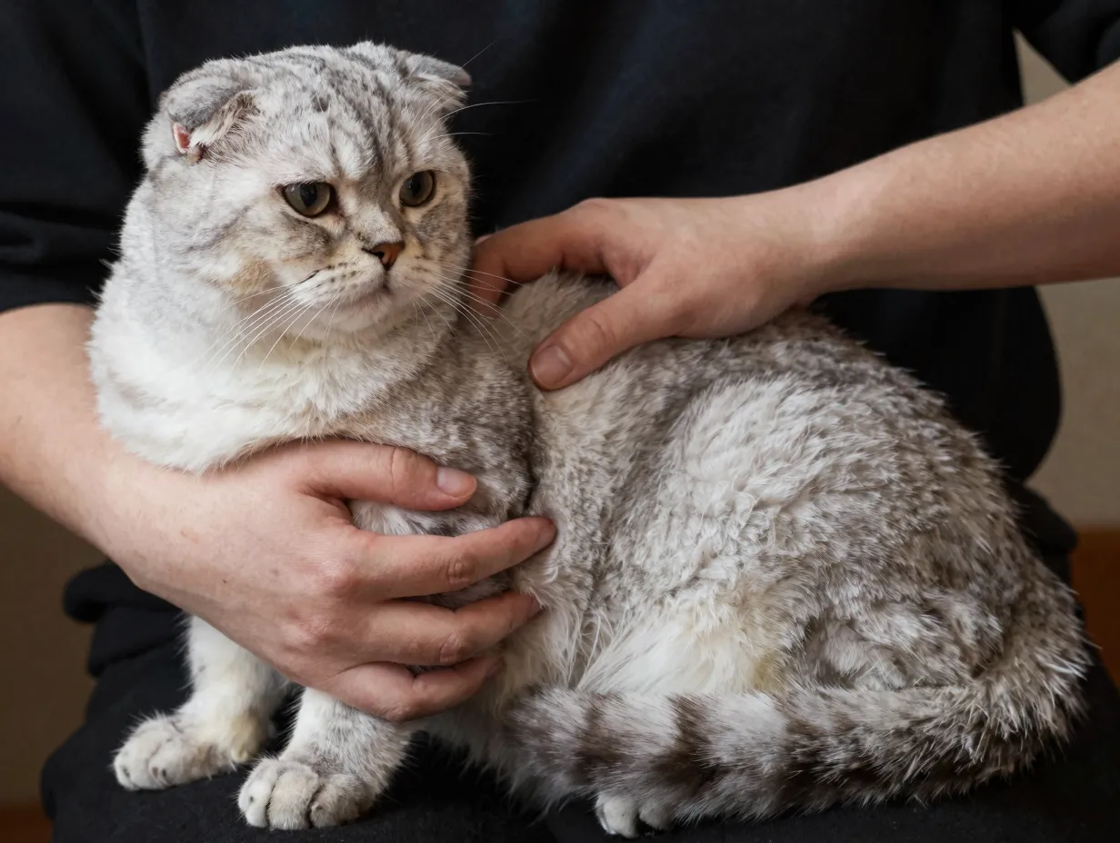 A person gently supporting a british fold cats entire body and tail