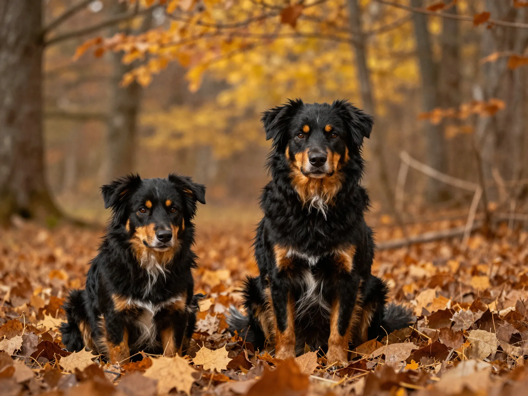 Black tri aussie sitting amidst autumn leaves forest