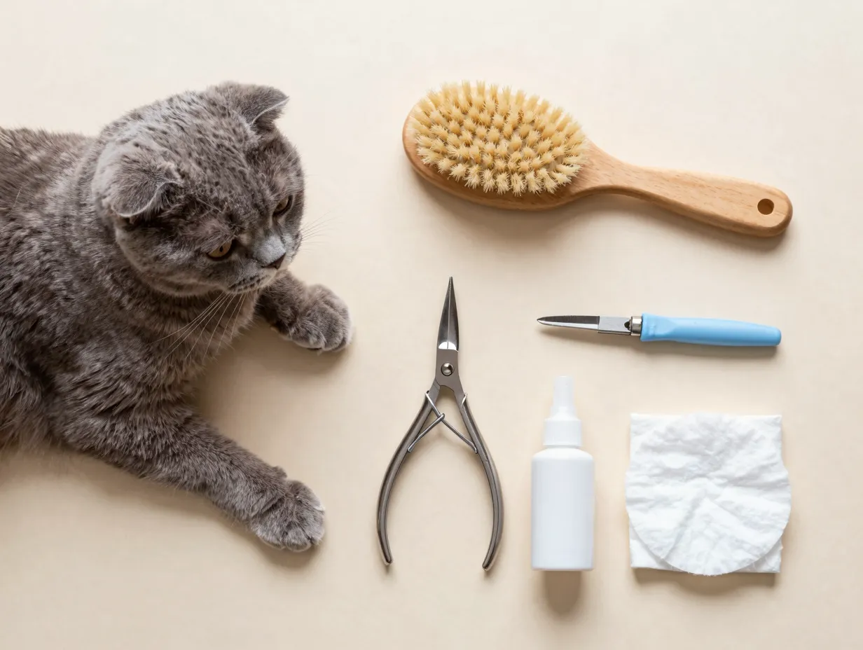 A grooming session with a brush nail clippers and ear cleaning supplies