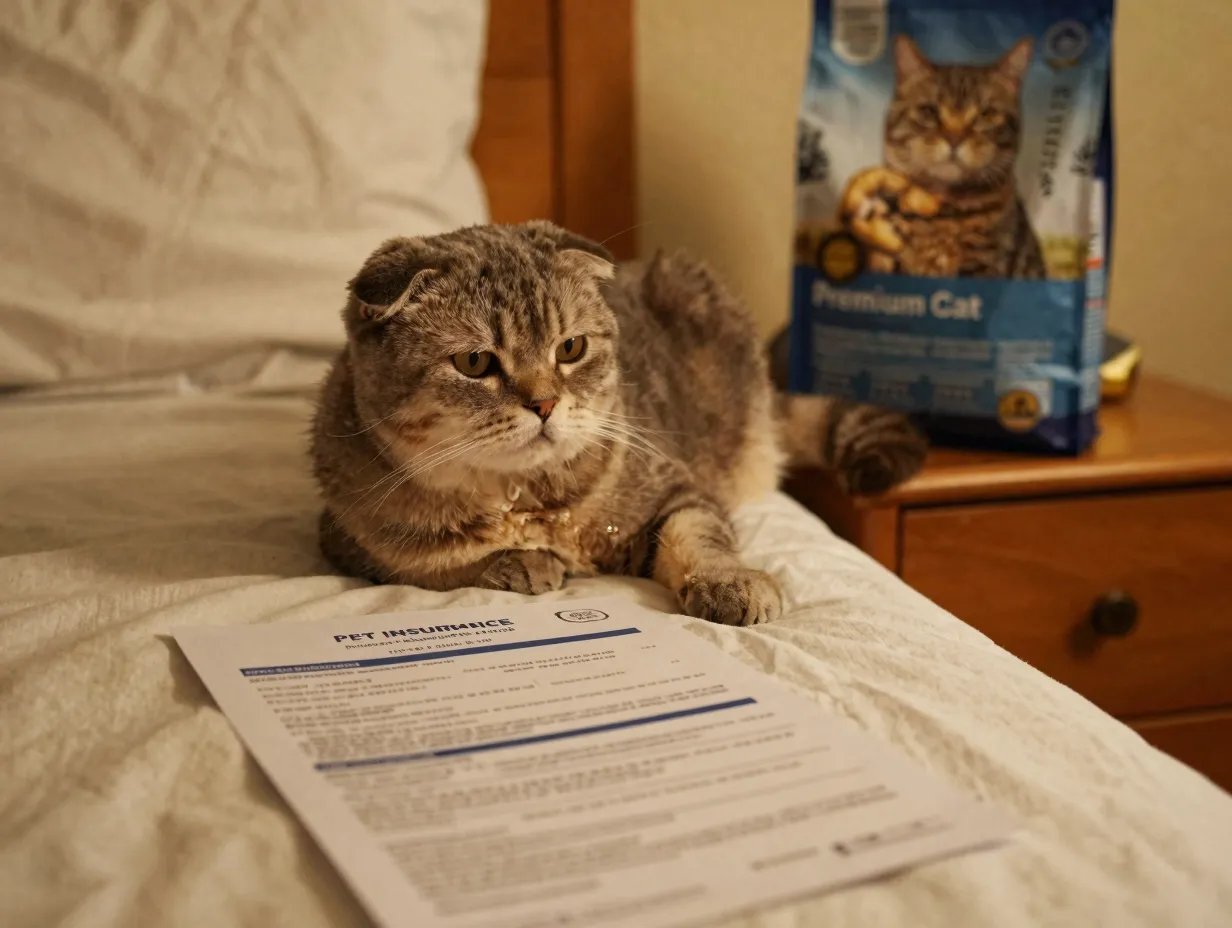 An older british fold cat resting on a bed with an insurance document
