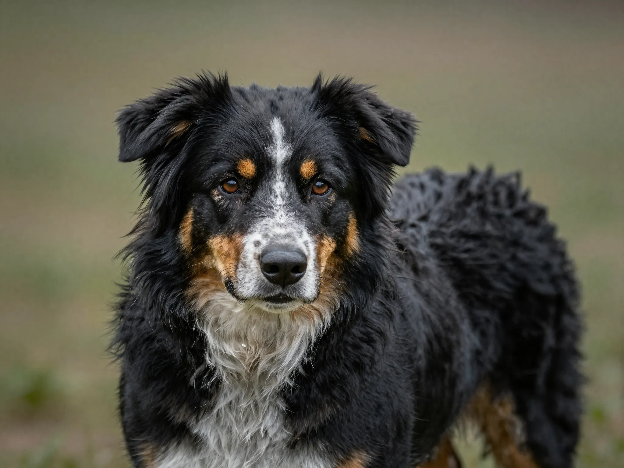Senior black tri aussie with gray muzzle portrait