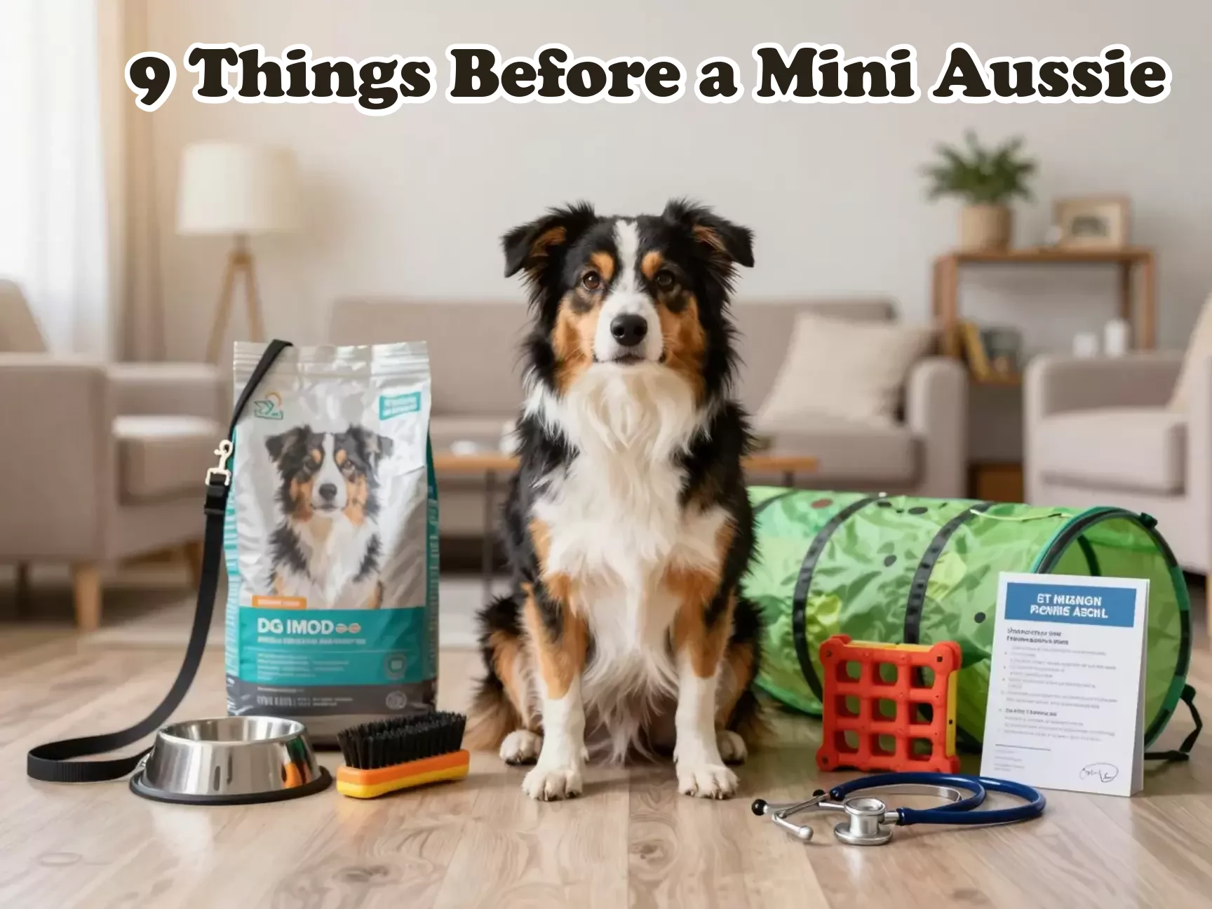 Mini aussie owner preparedness leash bowl grooming vet toy main
