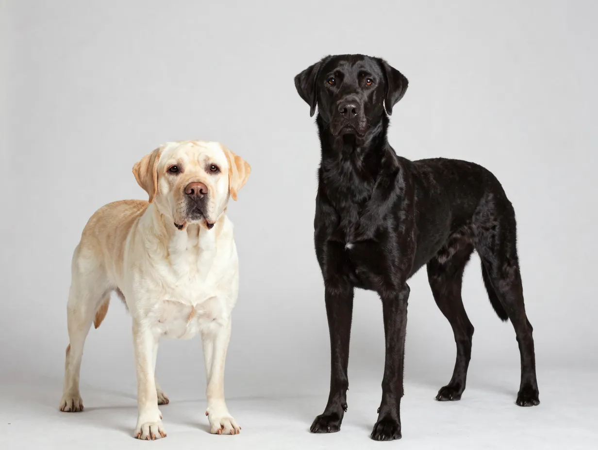 Compact stocky english lab alongside lean athletic american lab