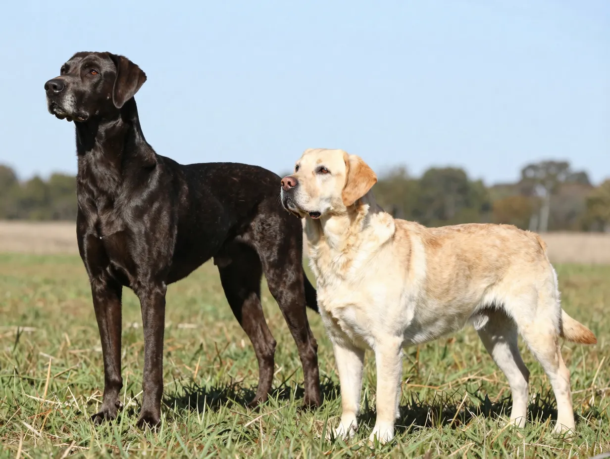 Tall longlegged american lab on short legged sturdy english lab