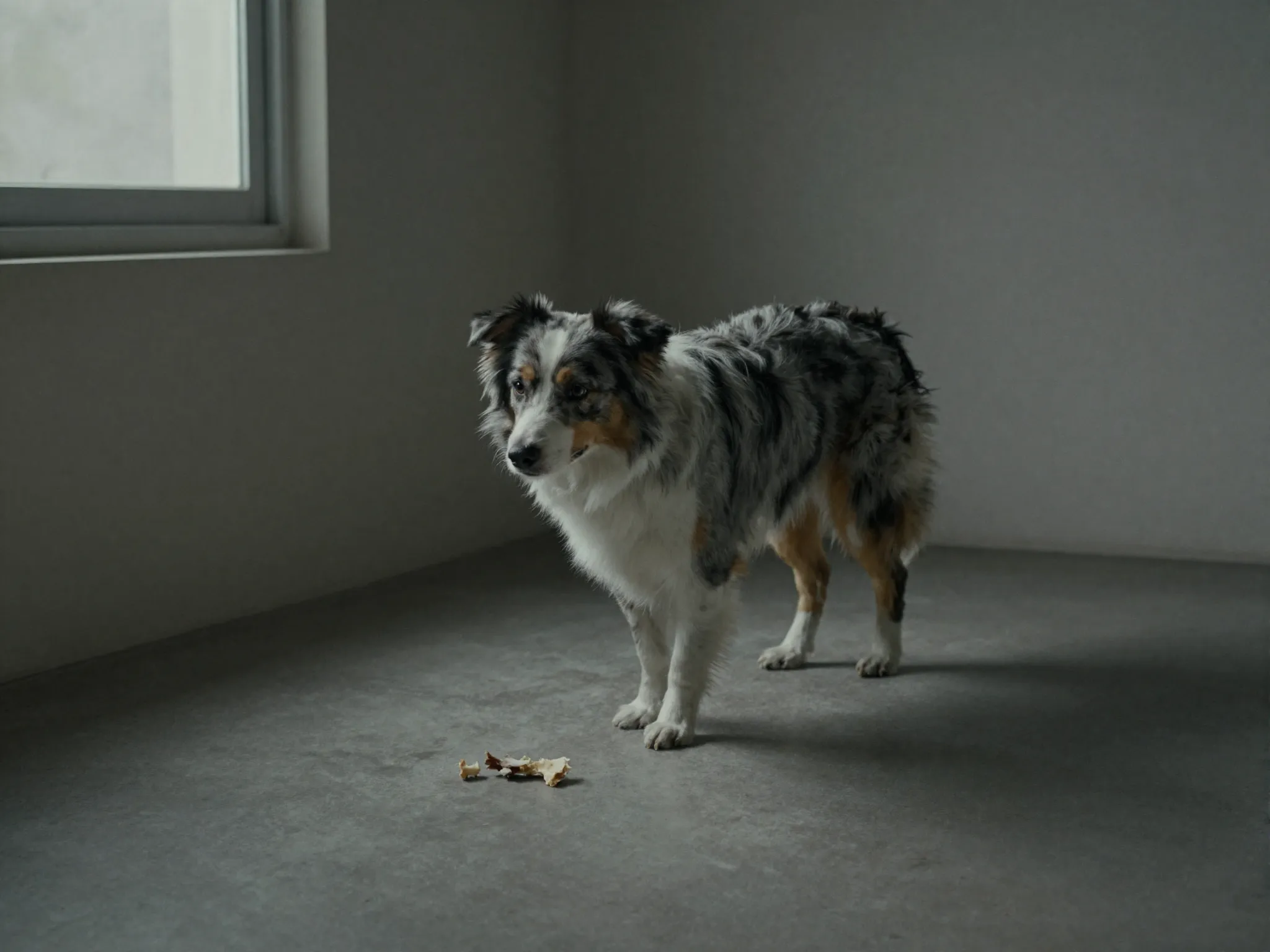 Mini australian shepherd dog showing separation anxiety behavior alone