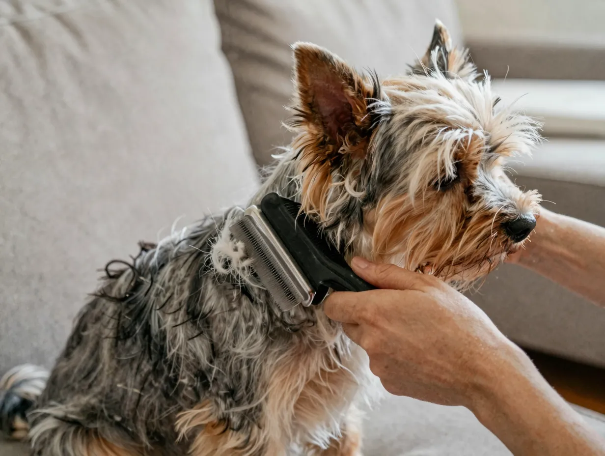Owner brushing mini australian shepherd dog with grooming tools