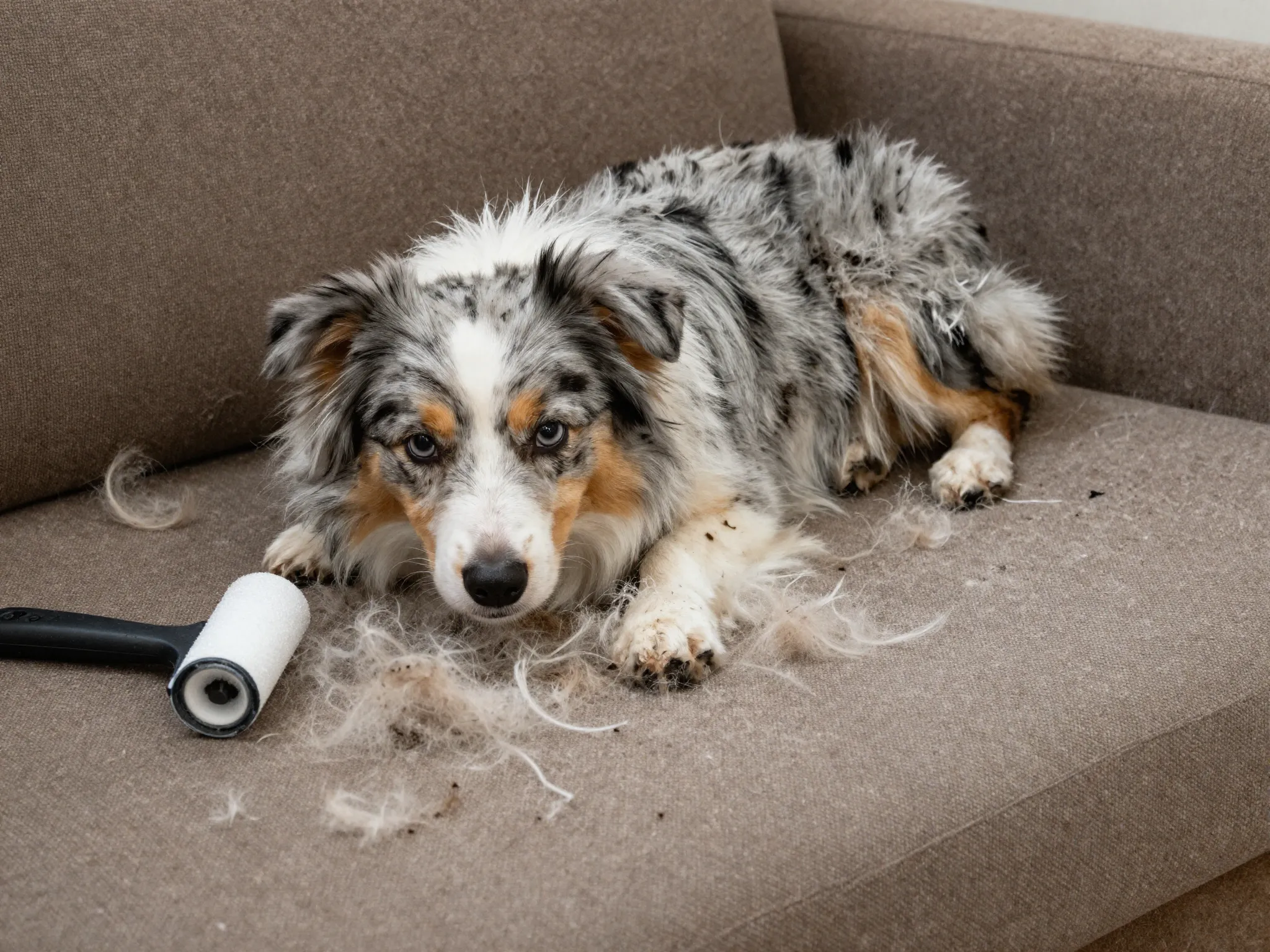 Mini australian shepherd dog shedding fur on furniture