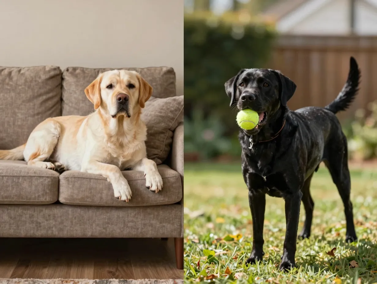 Calm english lab relaxing couch versus energetic american lab ready fetch