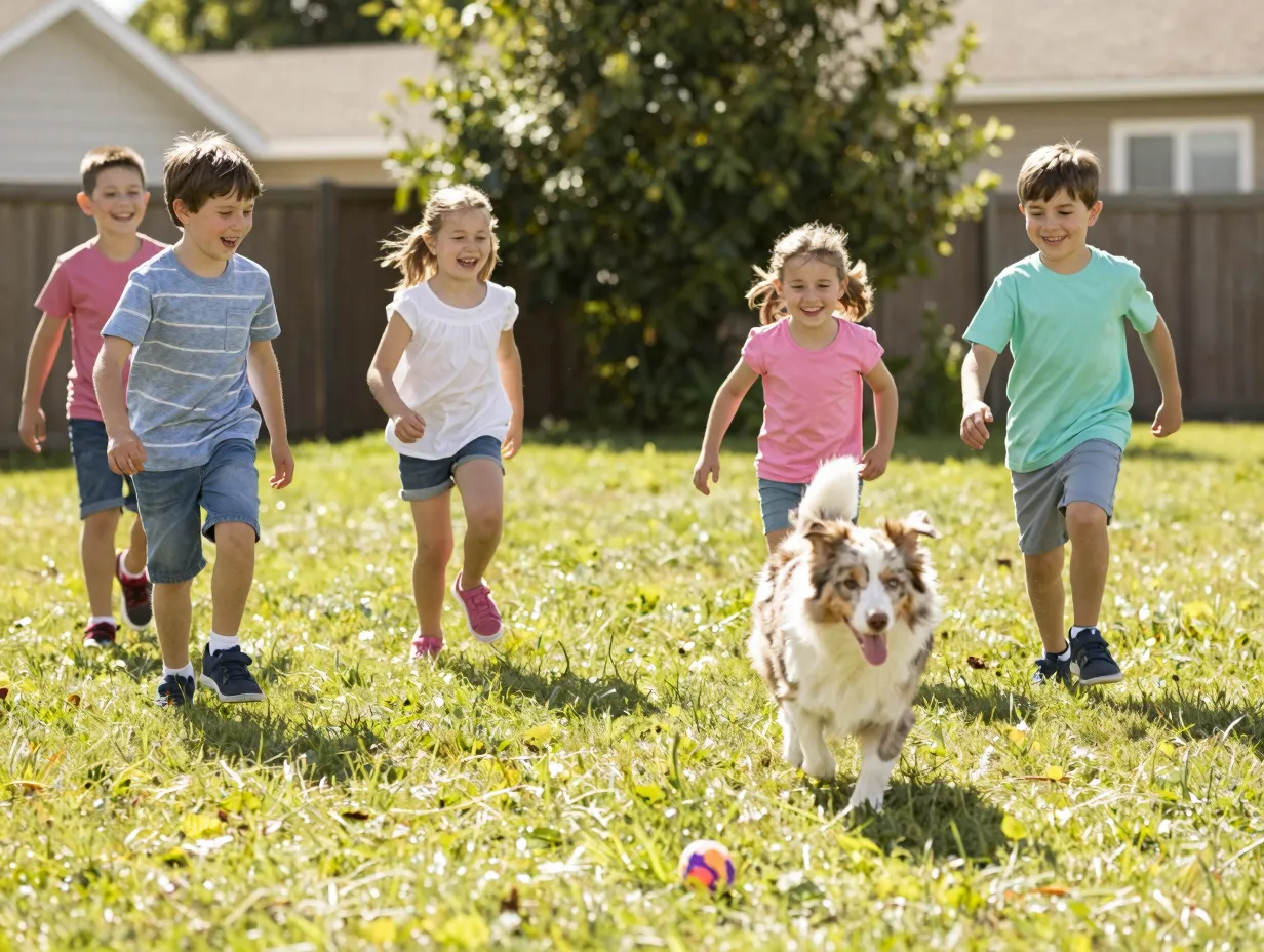 Mini australian shepherd dog playing with children outdoors