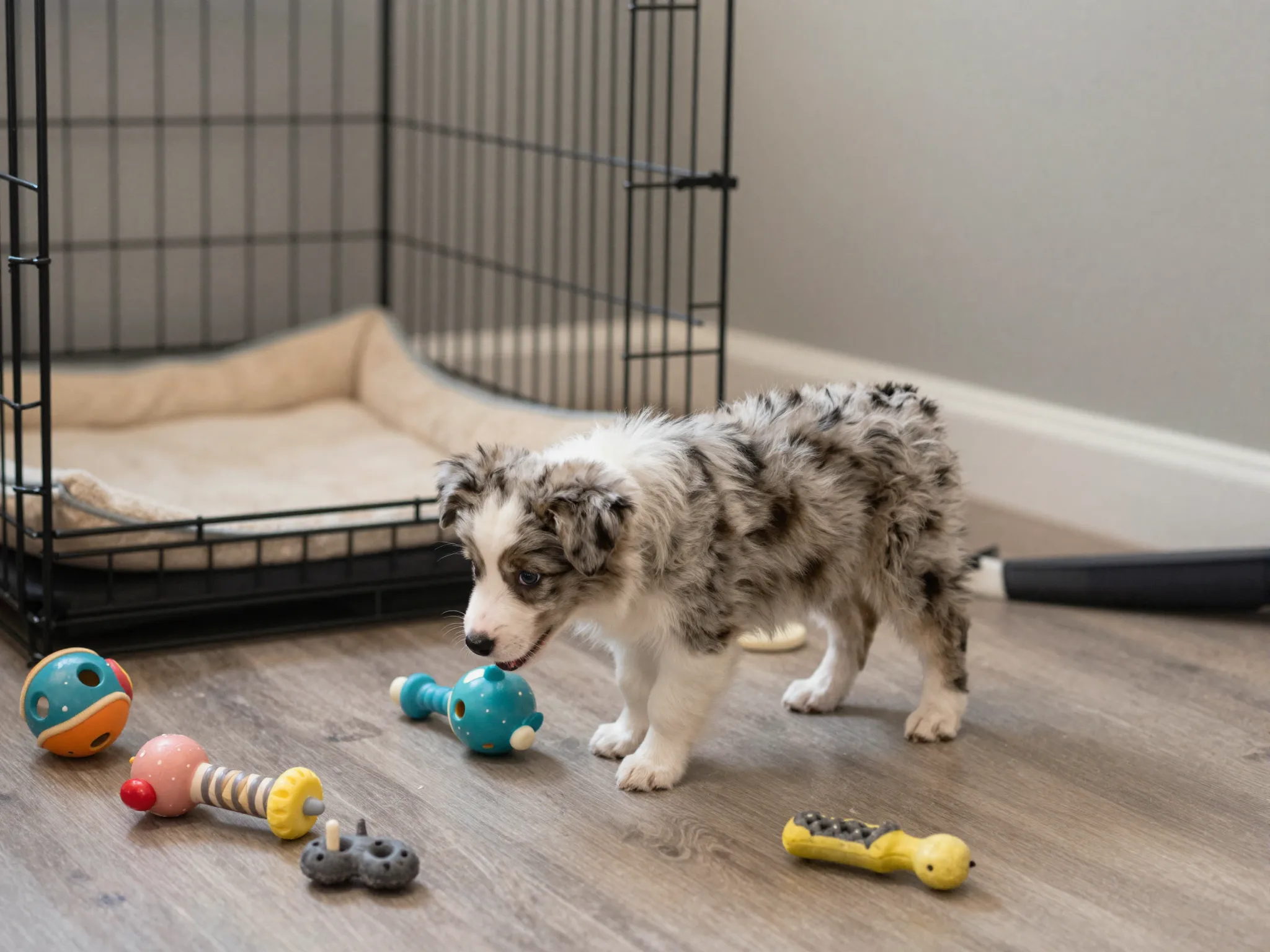 Mini australian shepherd puppy in calm new home setup