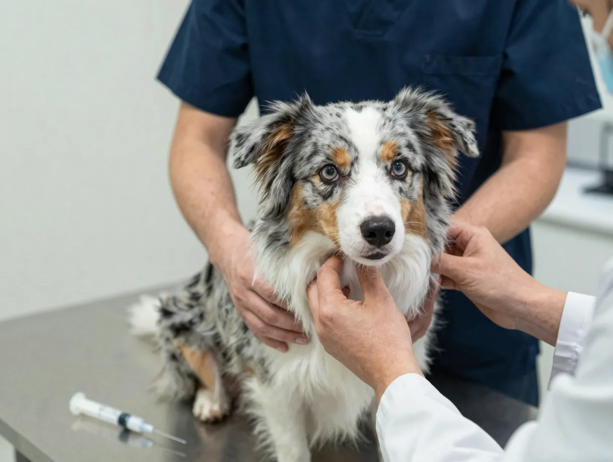 Mini australian shepherd dog at veterinarian examination table