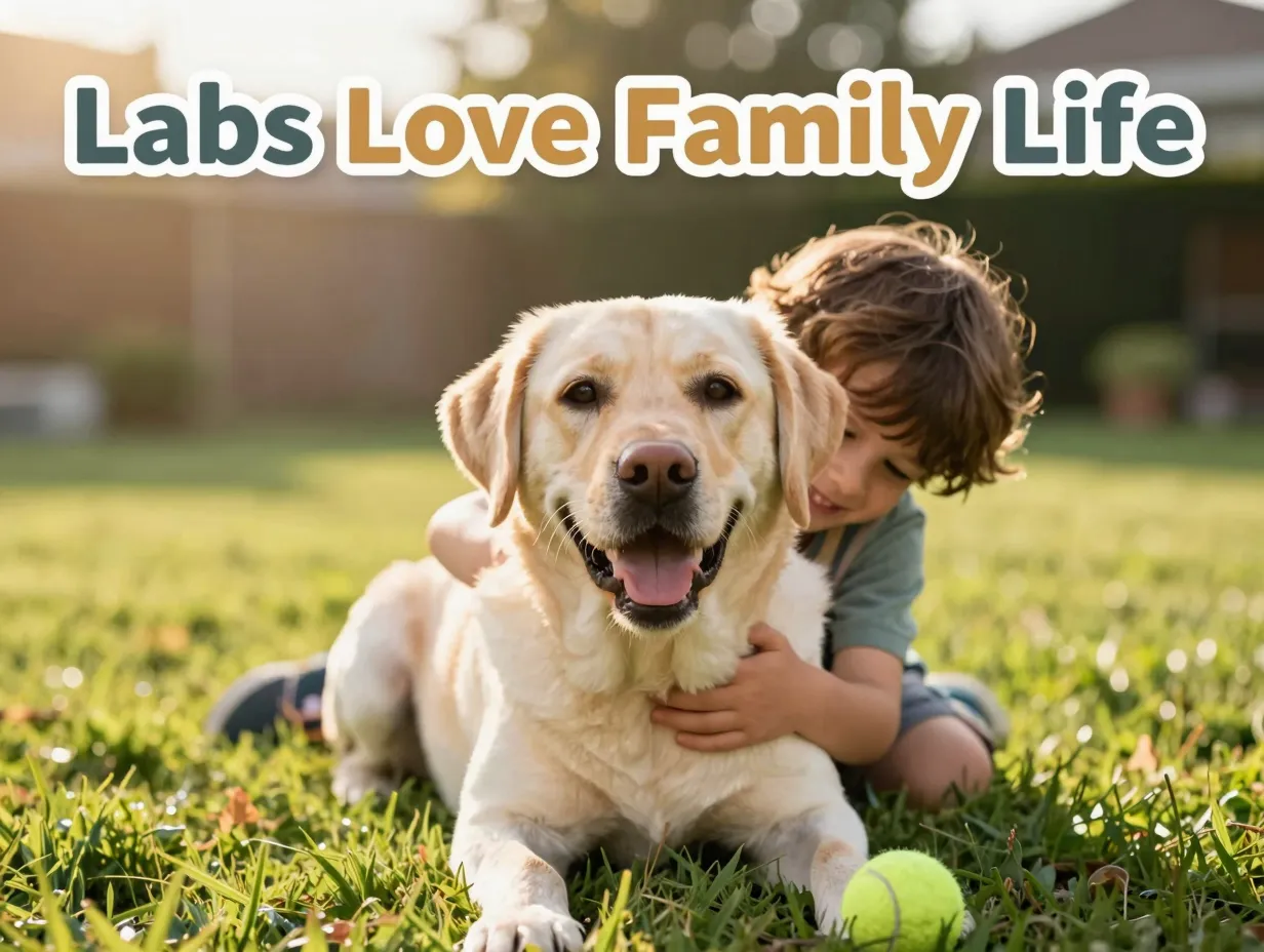 Yellow labrador child hug backyard play family dog companion