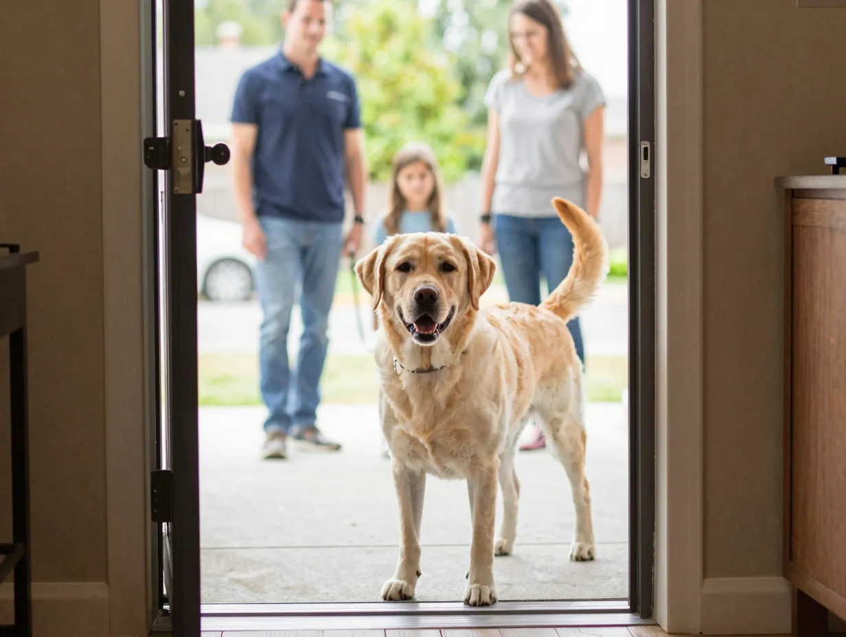 Labrador greeting visitors with wagging tail at welcoming family home door